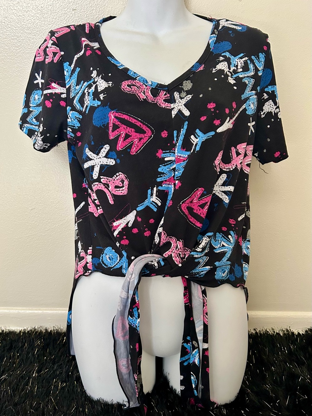 Women's Tie-Front Crop Top in Black with Pink & Blue Print